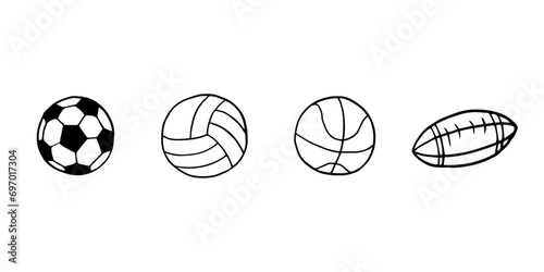 Big set of hand drawn doodle soccer ball, volleyball, basketball, american football. Sports equipment. Collection of design elements. Great for banners, sites, posters. Vector illustration EPS10