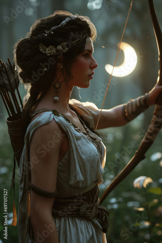 Artemis - Greek god in a half-body shot with a domain-reflected background Gen AI