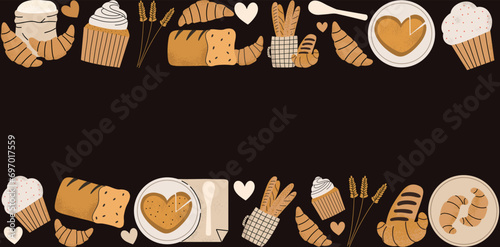 French pastries design frame. Bakery background with fresh pie, croissants. Vector illustration in hand draw style.