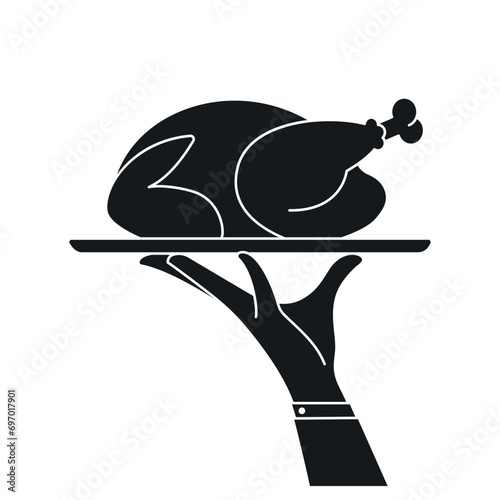 Elegant waiter hands holding serving tray with baked bird. Vector flat silhouette illustration