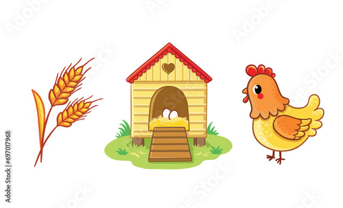 Set of cute chicken character, henhouse, wheat, grains. Farm animal and their homes, favorite food in cartoon style.