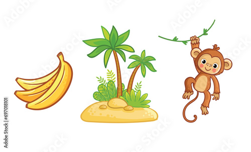 Set of cute monkey character, palm trees, bananas. Wild animal and their homes, favorite food in cartoon style.