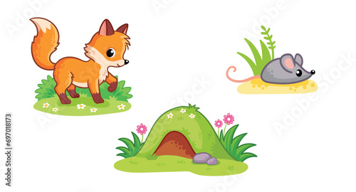 Set of cute fox character, fox hole, the mouse. Wild animal and their homes, favorite food in cartoon style.