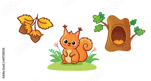 Set of cute squirrel character, hollow, nuts. Wild animal and their homes, favorite food in cartoon style. © svaga