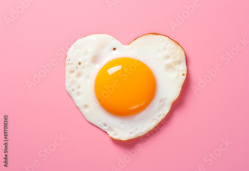 Fried egg in the shape of a heart on a minimalistic pink background. Minimal food concept. Top view.
