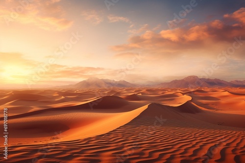   A panoramic view of a vast desert  with towering sand dunes sculpted by the wind over centuries