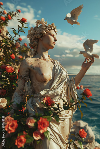 Aphrodite - Greek goddess in a half-body shot with a background reflecting her domain Gen AI