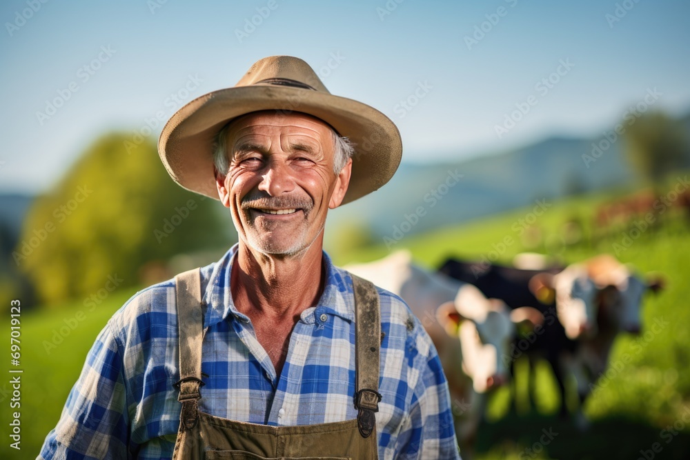 Jovial farmer in hat with cows and mountains