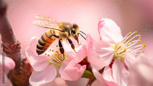 Close up of honey bee on a pastel pink flower.