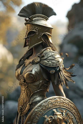 Athena - Greek god in a half-body shot with a background reflecting her domain Gen AI