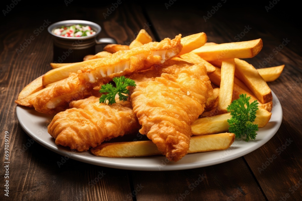 Tasty fish and chips on a plate on wooden table