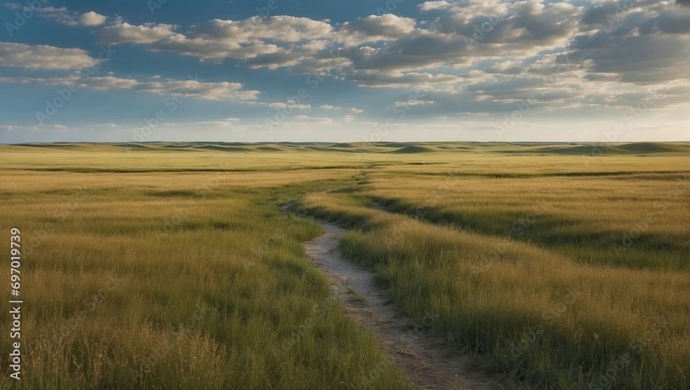 Prairie pathway leading through golden grasses under a cloudy sky, capturing the essence of the vast open landscape at sunset.