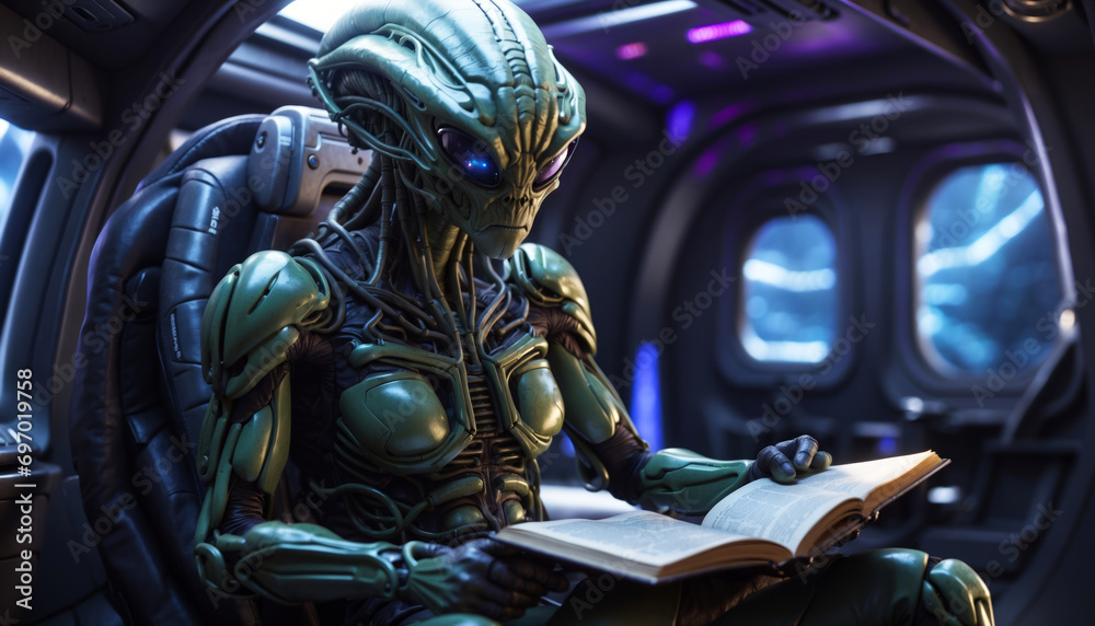 An alien reads a book in his UFO.