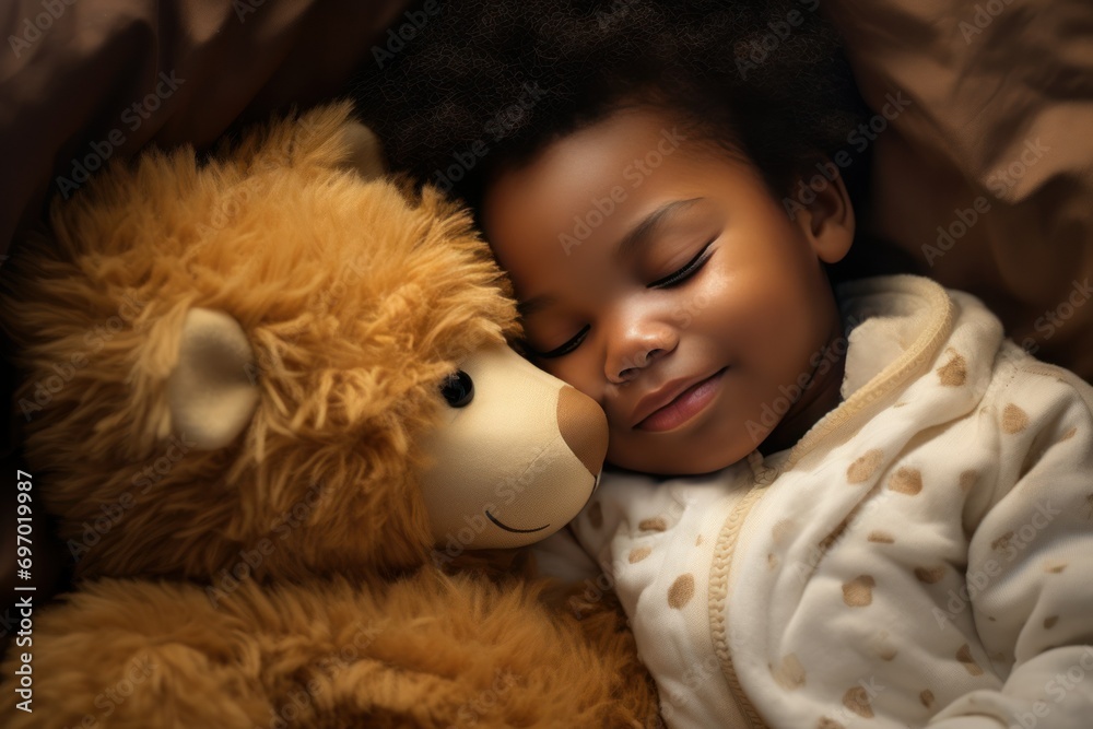 a darkskinned boy sleeps sweetly in bed with a toy bear in his arms under the blanket a darkskinned boy sleeps sweetly in bed with a toy bear in his arms under the blanket
