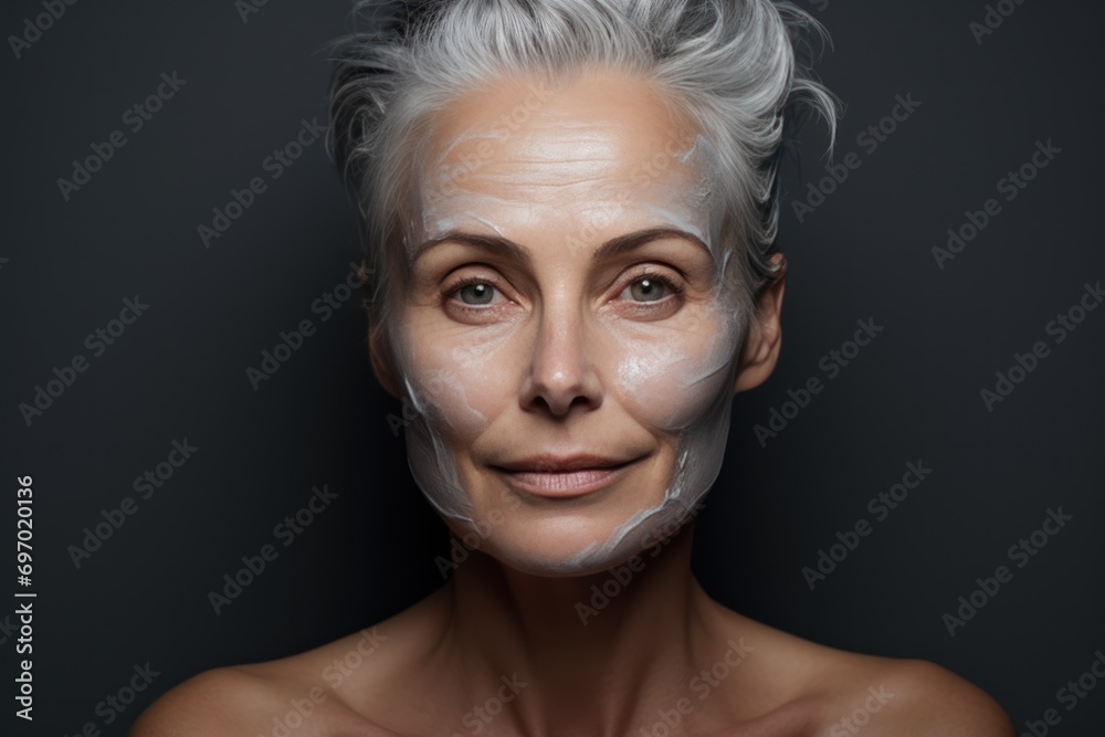 elderly grayhaired woman takes care of her face, applies cream to her face close up elderly grayhaired woman takes care of her face, applies cream to her face close up