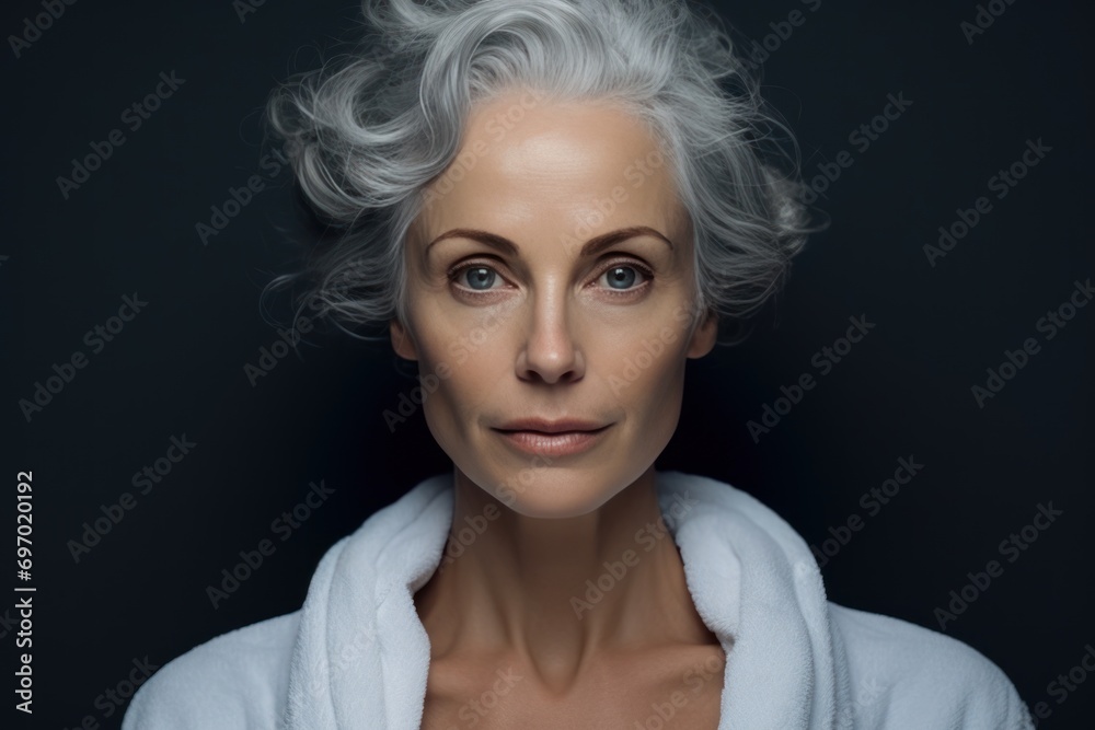 elderly beautiful gray haired woman close up on a plain background