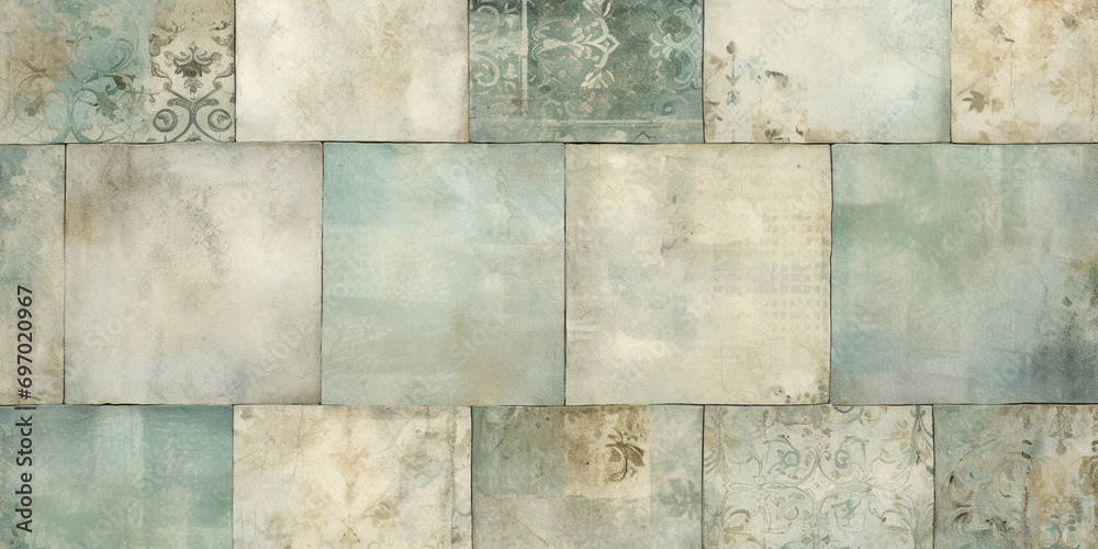 background,old worn wall,patchwork tiles with decorative ornate elements,beige-gray tinting with turquoise flecks,place for dough,banner concept and textures