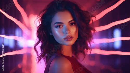 Smart attractive stylish female woman confident feeling Portrait of young woman under neon light
