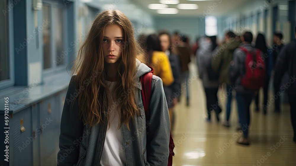 Depressed sad teenage girl in school Depressed sad teenage girl in school