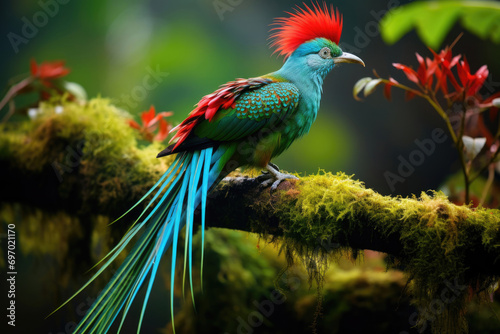 A Quetzal a brilliantly colored bird with long tail feathers in its lush and vibrant forest habitat © Veniamin Kraskov