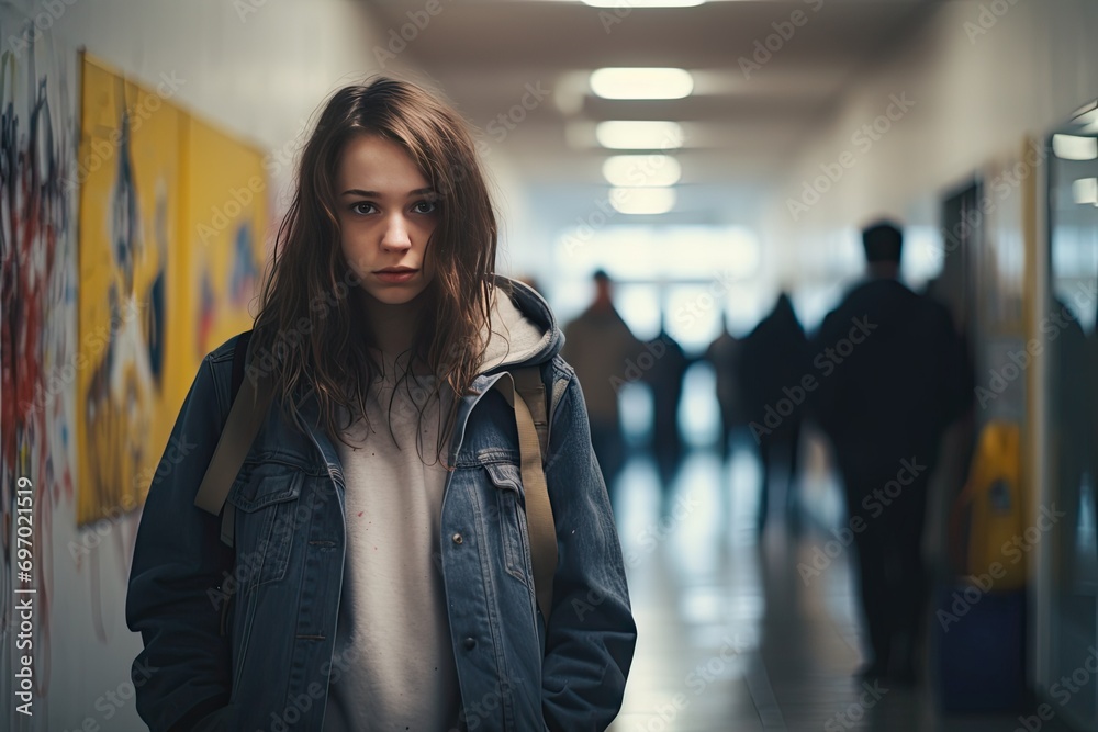 Depressed sad teenage girl in school