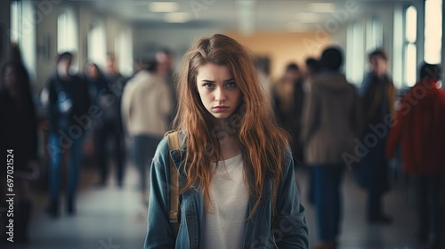 Depressed sad teenage girl in school photo