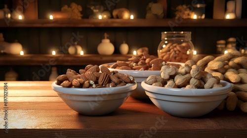 Nuts in wooden bowls on wooden table. Nuts background.