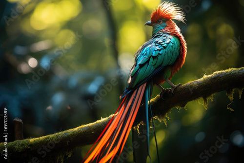 A Quetzal a brilliantly colored bird with long tail feathers in its lush and vibrant forest habitat © Veniamin Kraskov