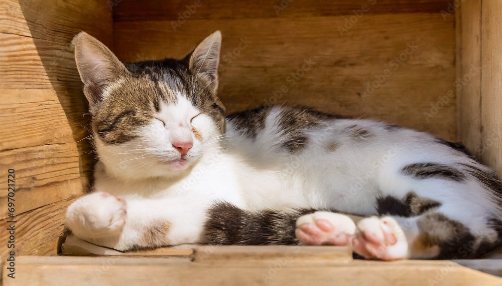 tabby cat dozing off in a wooden box, , 16:9 widescreen wallpaper / backdrop 