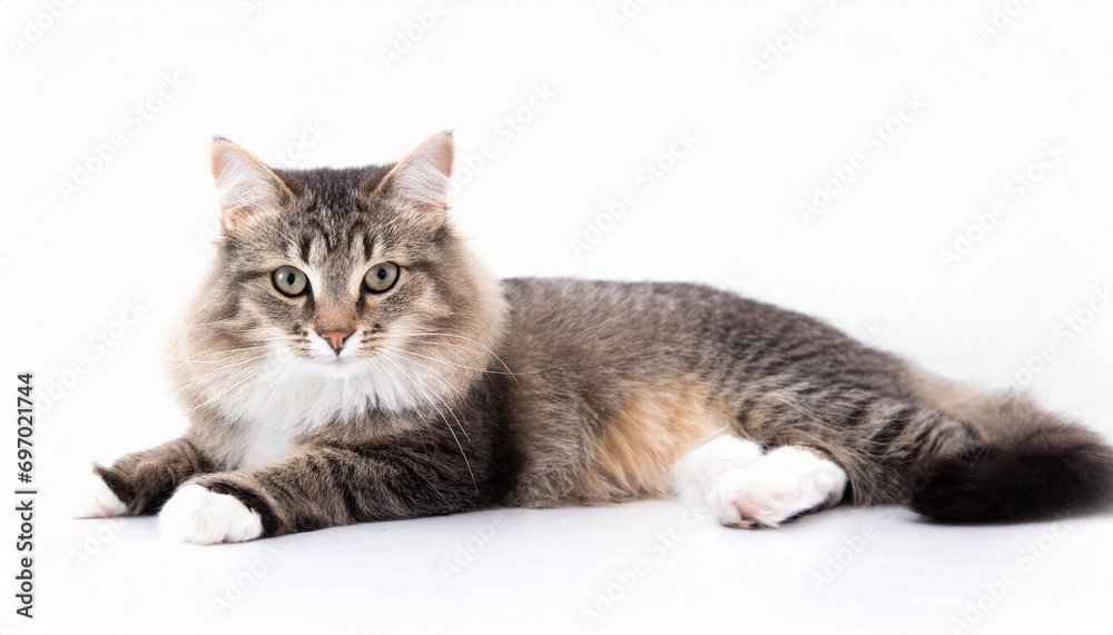 laying tabby cat with blank white background, 16:9 widescreen wallpaper / backdrop 