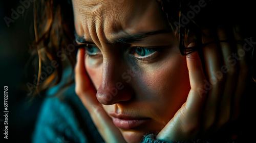 Woman with both hand burred in her face, contemplating or looking worried. photo