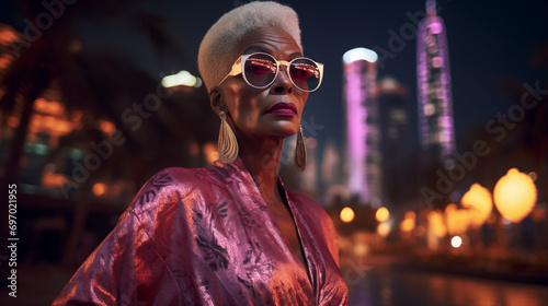 Glamorous older black woman in Dubai at night photo