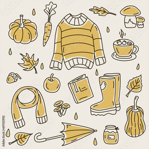 Vector set of line autumn illustrations with partial fill.