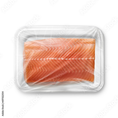 an image of a plastic tray salmon isolated on a white background