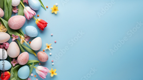 A bouquet of delicate tulips on a light blue background. Holiday card  place for text.Generative AI