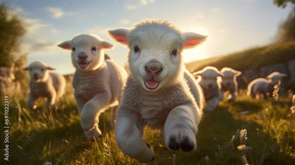 happy lambs run in the meadows.Generative AI happy lambs run in the meadows.Generative AI