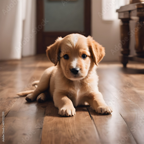 puppy sitting on a wooden floor