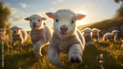 happy lambs run in the meadows.Generative AI