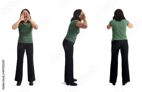 front, side and back view of same woman standing woman who is screaming on white background