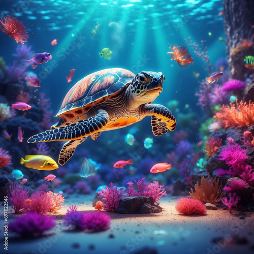 A giant sea turtle swims through a coral reef aquarium.