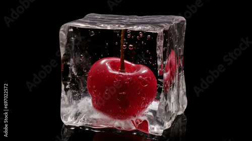Cherry frozen in an ice cube. Frozen fruits on black background.