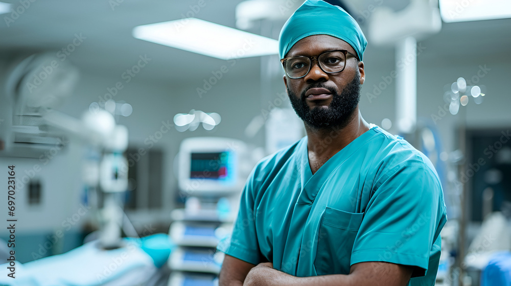 African-American male nurse in teal scrubs stands confidently in a well-equipped hospital room African-American male nurse in teal scrubs stands confidently in a well-equipped hospital room