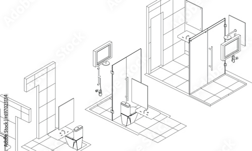 isometric bathroom and toilet design line drawing 3d illustration vector