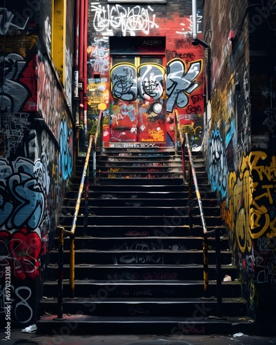 graffiti on a wall street with many stairs