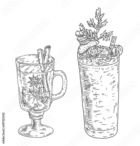 Mulled wine glass with ingredients. Vintage vector hatching black illustration