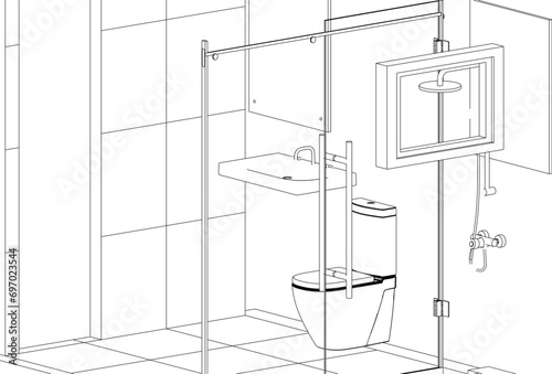 bathroom and toilet design isometric line drawing 3d illustration vector