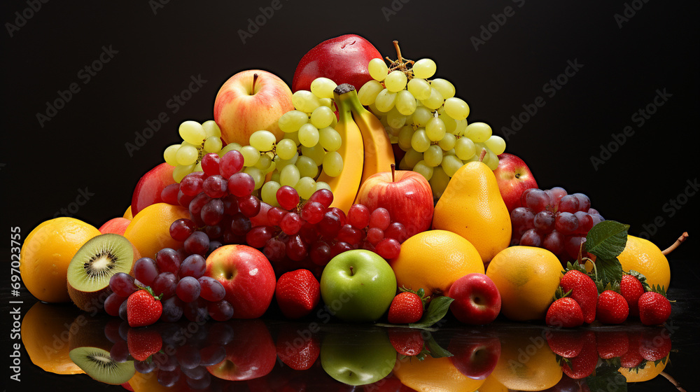 Many fruits on a black background.Generative AI Many fruits on a black background.Generative AI