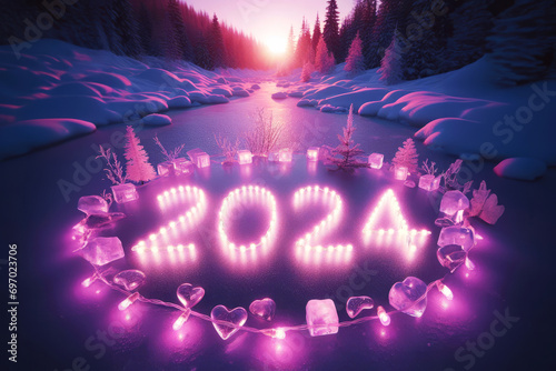 Romantic image of purple lights with 2024 year on a snowy landscape with forest and lake. Warm, hope and love for the new year.