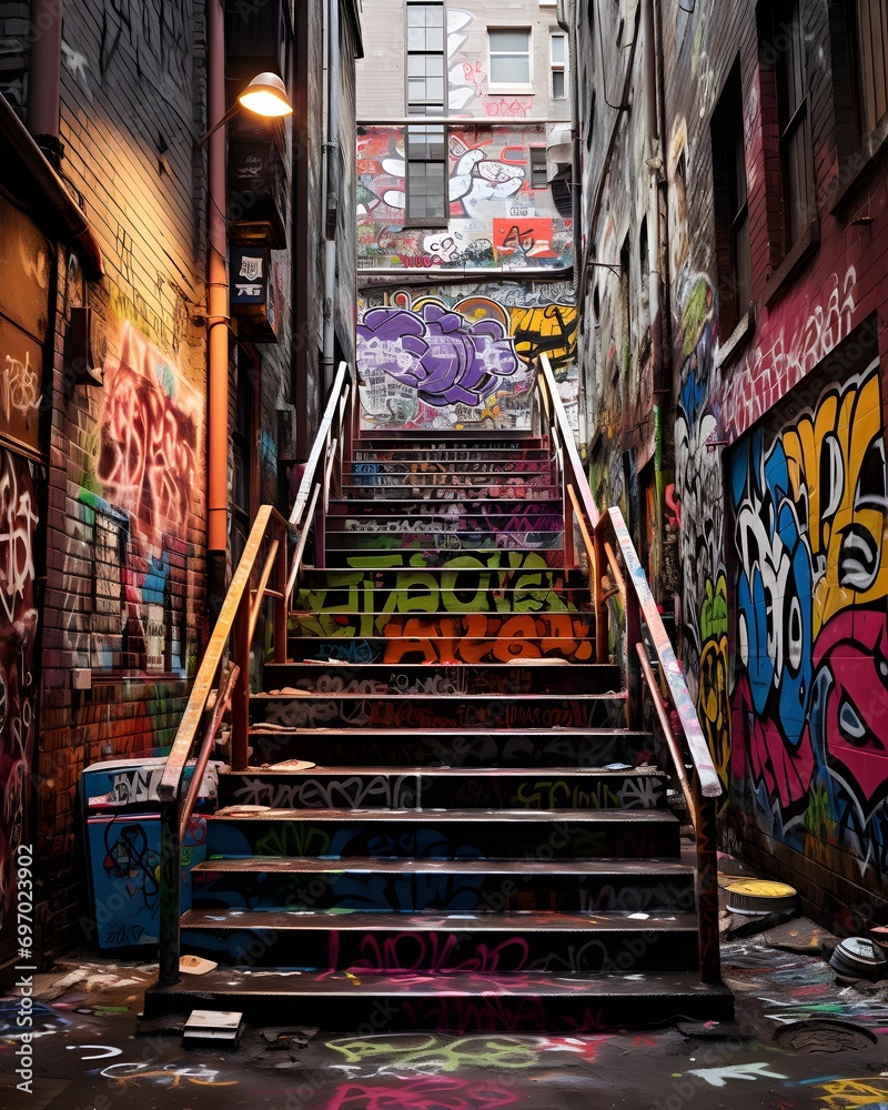 Naklejka premium graffiti on a wall street with many stairs