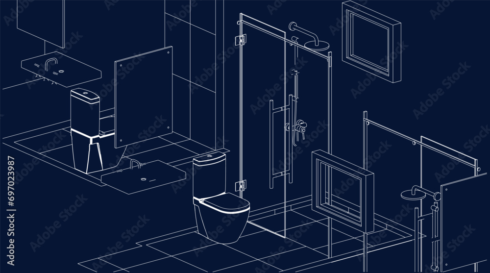 bathroom and toilet design isometric line drawing 3d illustration vector